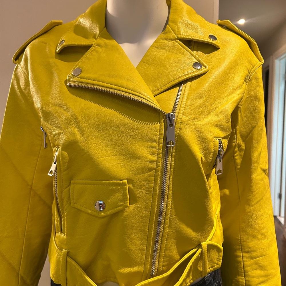 Zara Yellow faux leather Biker Jacket size S
